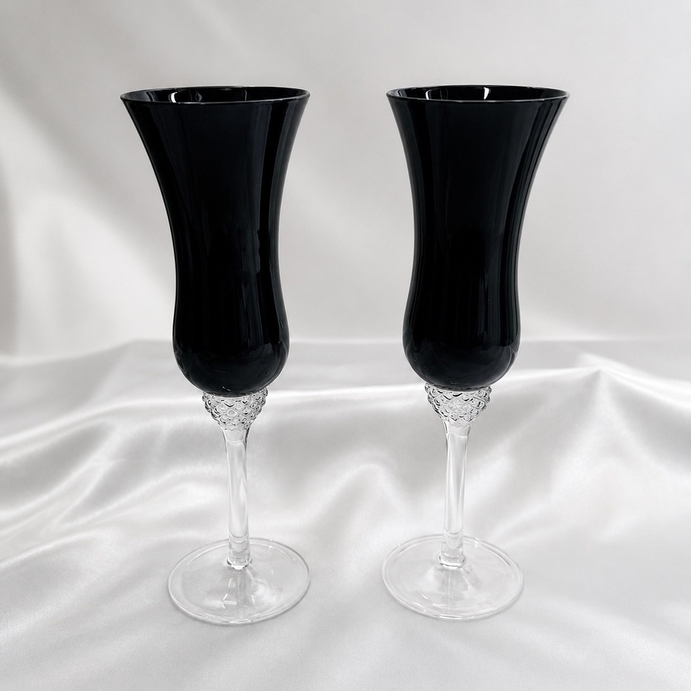 Circleware VtgBlack Diamond Crystal Champagne Flutes Set of 2‎ Tulip Glass 9.5"